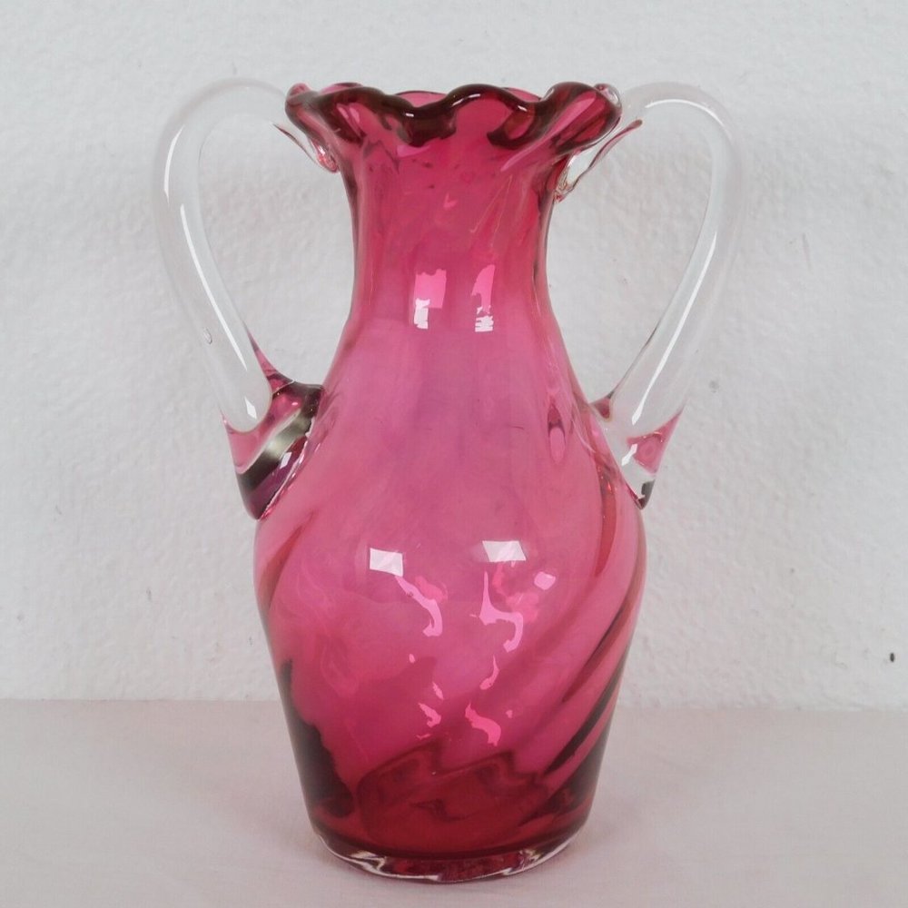 Handblown Clear Cranberry Swirled Glass Vase Ruffled Rim Double Handled 8.25"